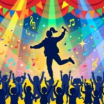 Silhouette of a children's music performer on stage with dancing children and music notes