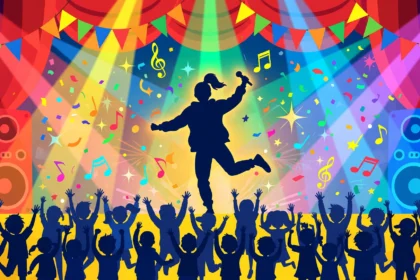 Silhouette of a children's music performer on stage with dancing children and music notes