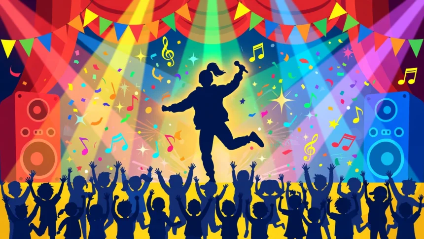 Silhouette of a children's music performer on stage with dancing children and music notes