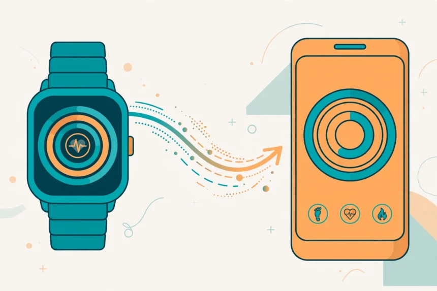 Illustration of a fitness smartwatch syncing health data to a smartphone
