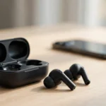 Wireless earbuds beside an open charging case on a desk.