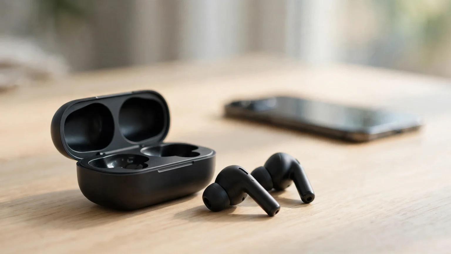 Wireless earbuds beside an open charging case on a desk.