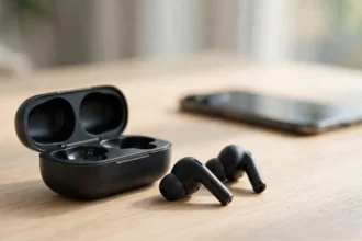 Wireless earbuds beside an open charging case on a desk.