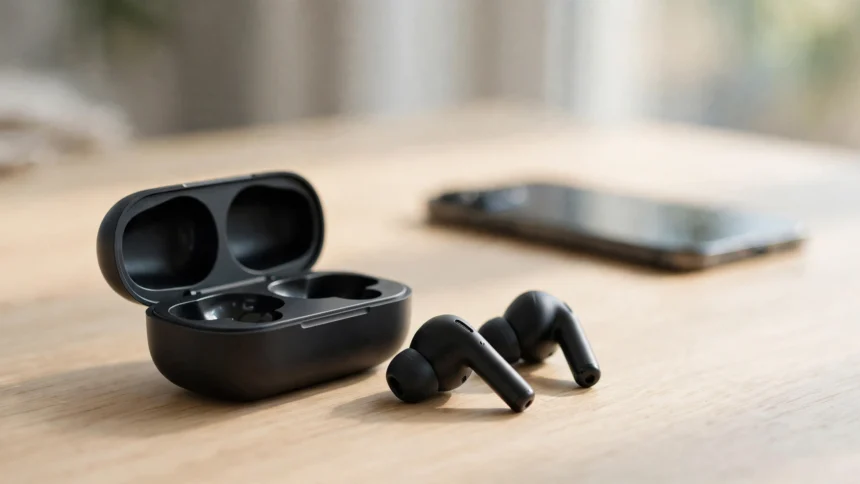 Wireless earbuds beside an open charging case on a desk.