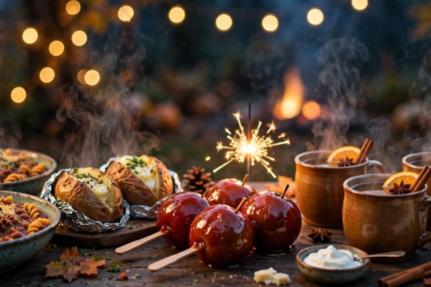 Bonfire Night party table with chilli, jacket potatoes and hot cider at dusk