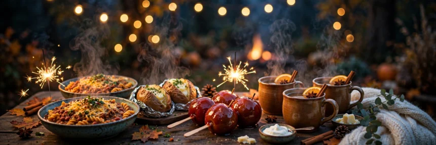 Bonfire Night party table with chilli, jacket potatoes and hot cider at dusk