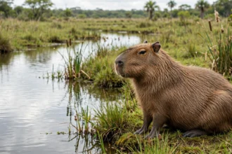 Capybara sitting at the edge of a calm river in green wetland grassland