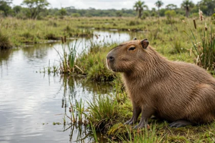 Capybara sitting at the edge of a calm river in green wetland grassland