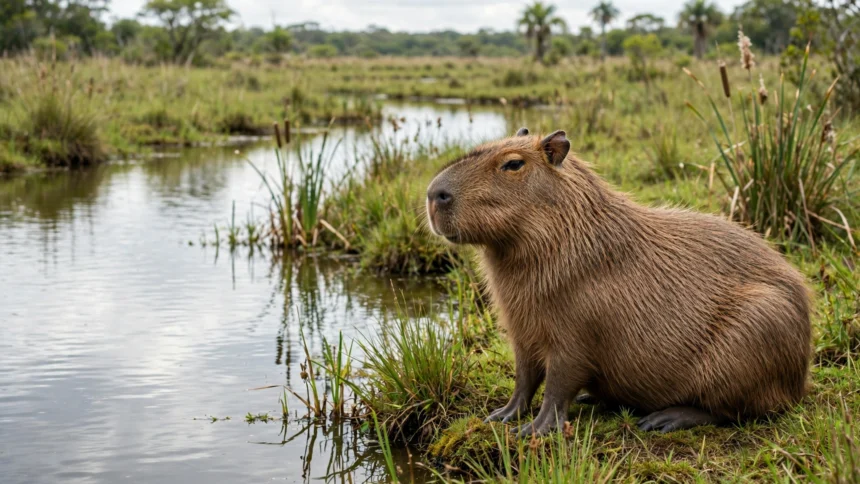 Capybara sitting at the edge of a calm river in green wetland grassland