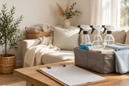 Tidy living room with Christmas tree and cleaning supplies
