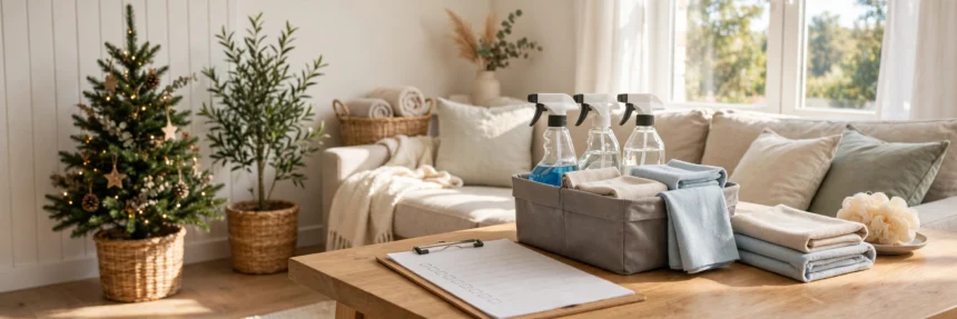Tidy living room with Christmas tree and cleaning supplies