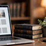 Laptop showing a legal blog with law books and gavel.