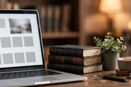 Laptop showing a legal blog with law books and gavel.