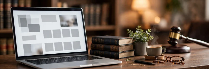 Laptop showing a legal blog with law books and gavel.