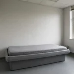 Moulded platform bed with a thin mattress in a plain room.