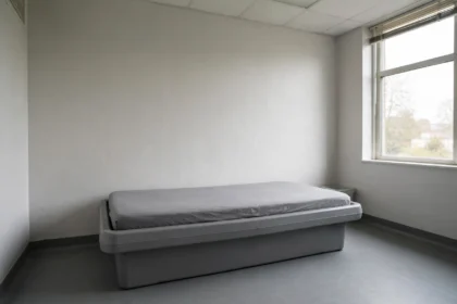 Moulded platform bed with a thin mattress in a plain room.