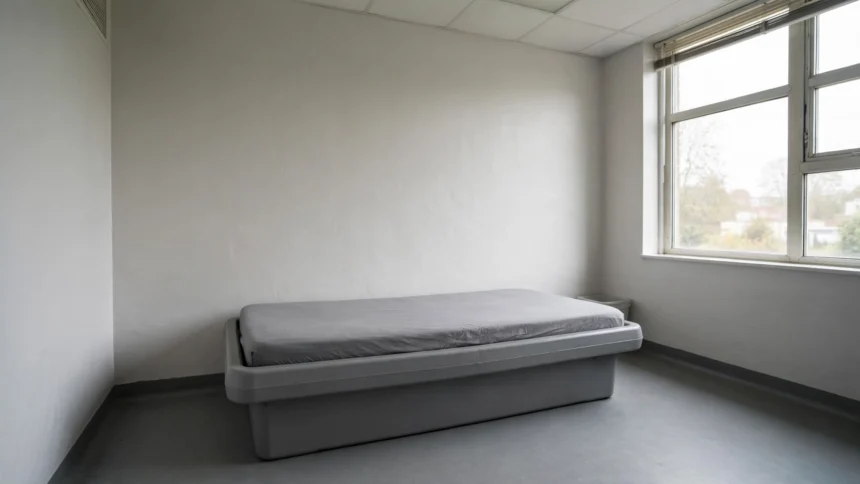 Moulded platform bed with a thin mattress in a plain room.