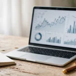 Laptop showing a finance website with charts and a magnifying glass.