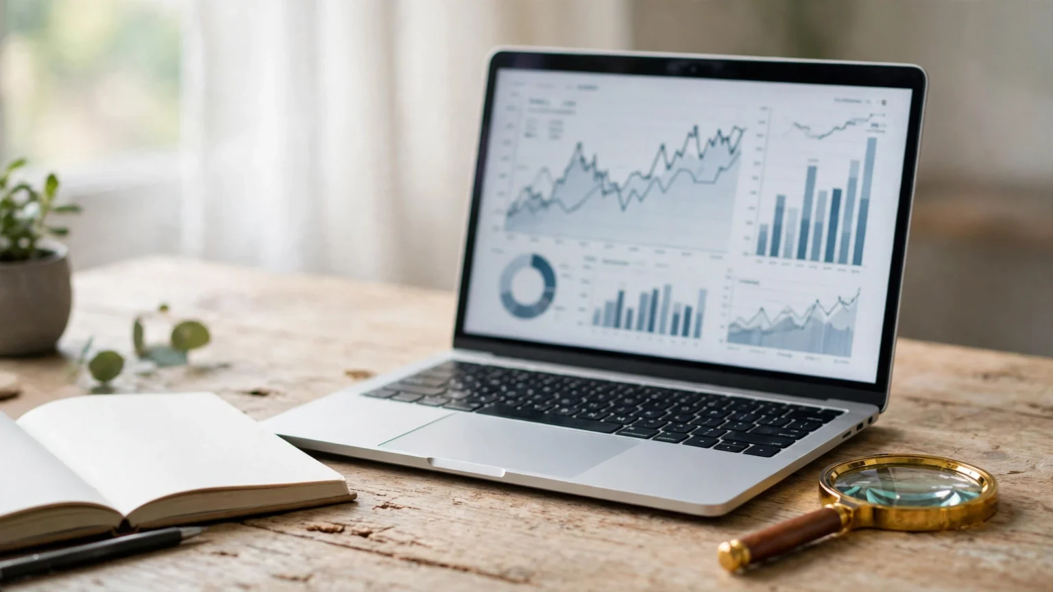 Laptop showing a finance website with charts and a magnifying glass.