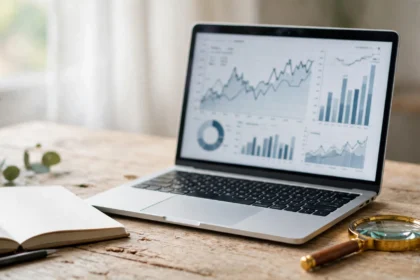 Laptop showing a finance website with charts and a magnifying glass.