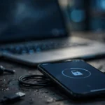 Smartphone on a desk showing an activation lock screen, laptop blurred in background.
