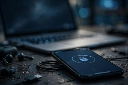 Smartphone on a desk showing an activation lock screen, laptop blurred in background.