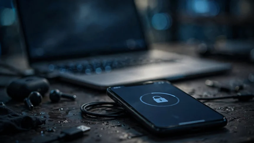 Smartphone on a desk showing an activation lock screen, laptop blurred in background.