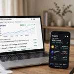Laptop showing stock market charts and a smartphone with a crypto app on a desk.