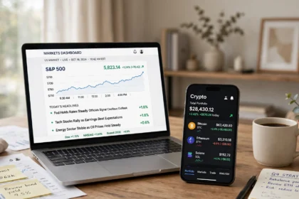 Laptop showing stock market charts and a smartphone with a crypto app on a desk.
