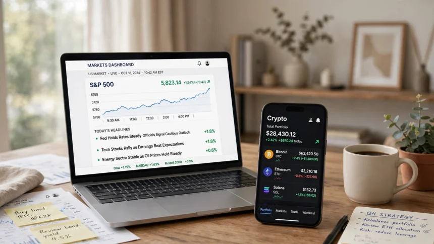 Laptop showing stock market charts and a smartphone with a crypto app on a desk.