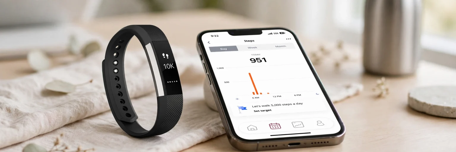 Fitbit tracker next to an iPhone showing health app step graphs