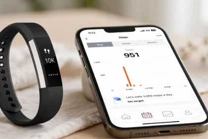 Fitbit tracker next to an iPhone showing health app step graphs