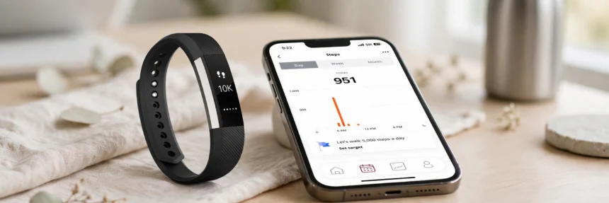 Fitbit tracker next to an iPhone showing health app step graphs