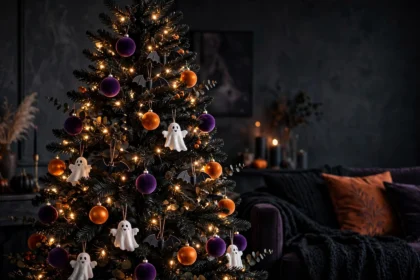 Black Halloween tree decorated with purple and orange ornaments