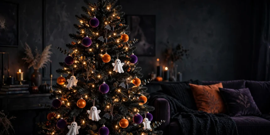 Black Halloween tree decorated with purple and orange ornaments