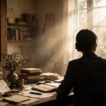 Woman's silhouette at a desk with books in a warm study.