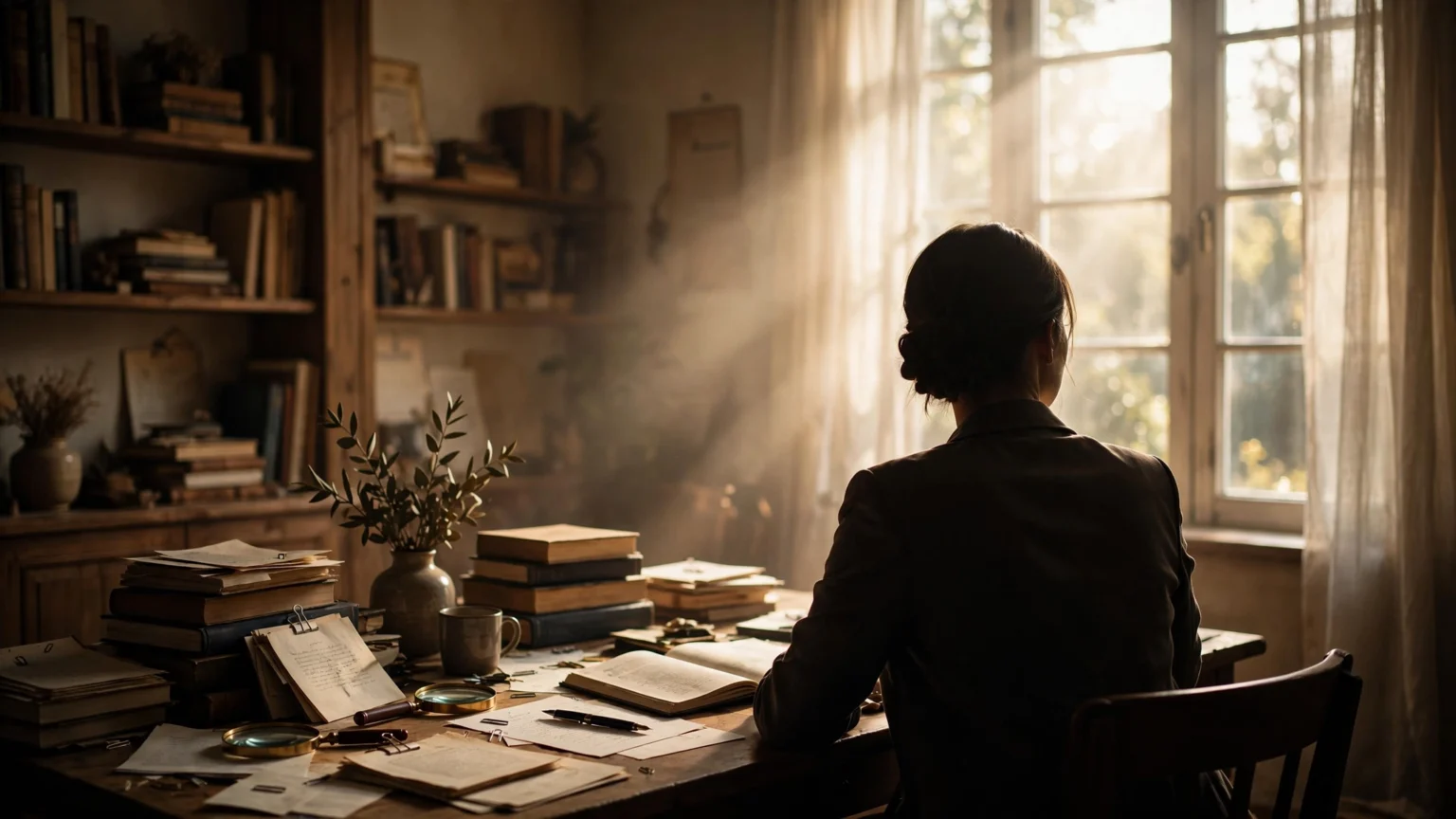 Woman's silhouette at a desk with books in a warm study.