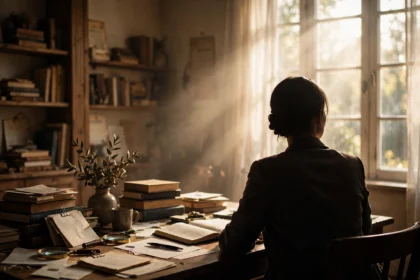 Woman's silhouette at a desk with books in a warm study.