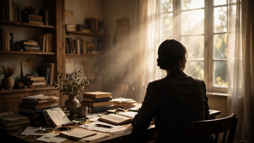 Woman's silhouette at a desk with books in a warm study.
