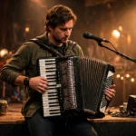 Musician playing a piano accordion on a small stage with warm stage lights