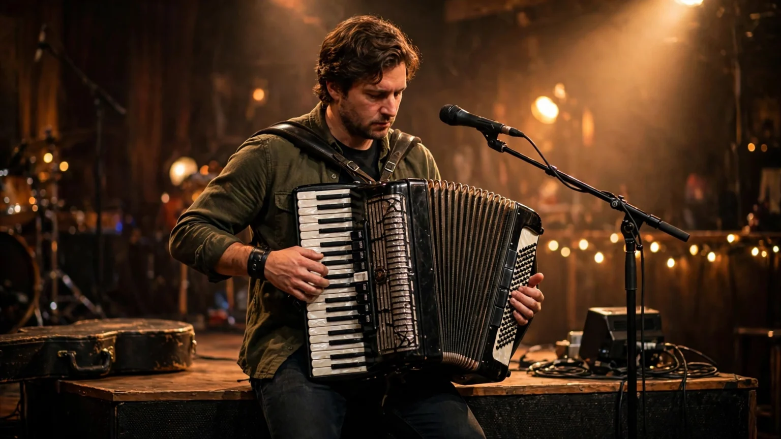 Musician playing a piano accordion on a small stage with warm stage lights