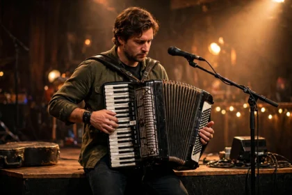 Musician playing a piano accordion on a small stage with warm stage lights