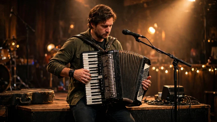 Musician playing a piano accordion on a small stage with warm stage lights