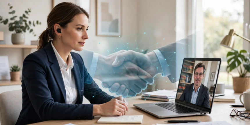Person on a video call with a lawyer on a laptop screen