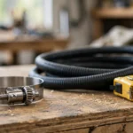 Stainless steel worm-gear hose clamp beside a rubber hose and tape measure.