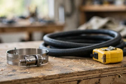 Stainless steel worm-gear hose clamp beside a rubber hose and tape measure.
