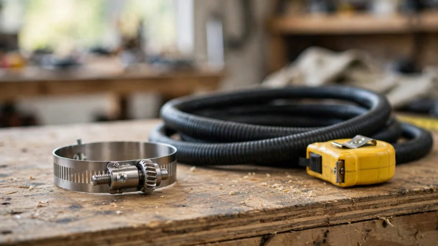 Stainless steel worm-gear hose clamp beside a rubber hose and tape measure.