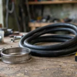 Stainless steel worm-gear hose clamp beside a rubber hose and tape measure.
