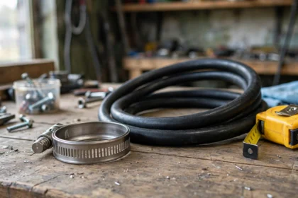 Stainless steel worm-gear hose clamp beside a rubber hose and tape measure.