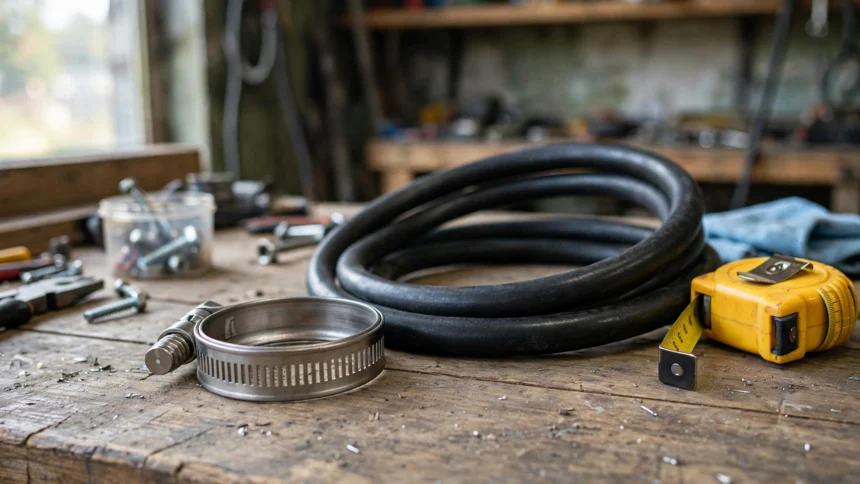 Stainless steel worm-gear hose clamp beside a rubber hose and tape measure.